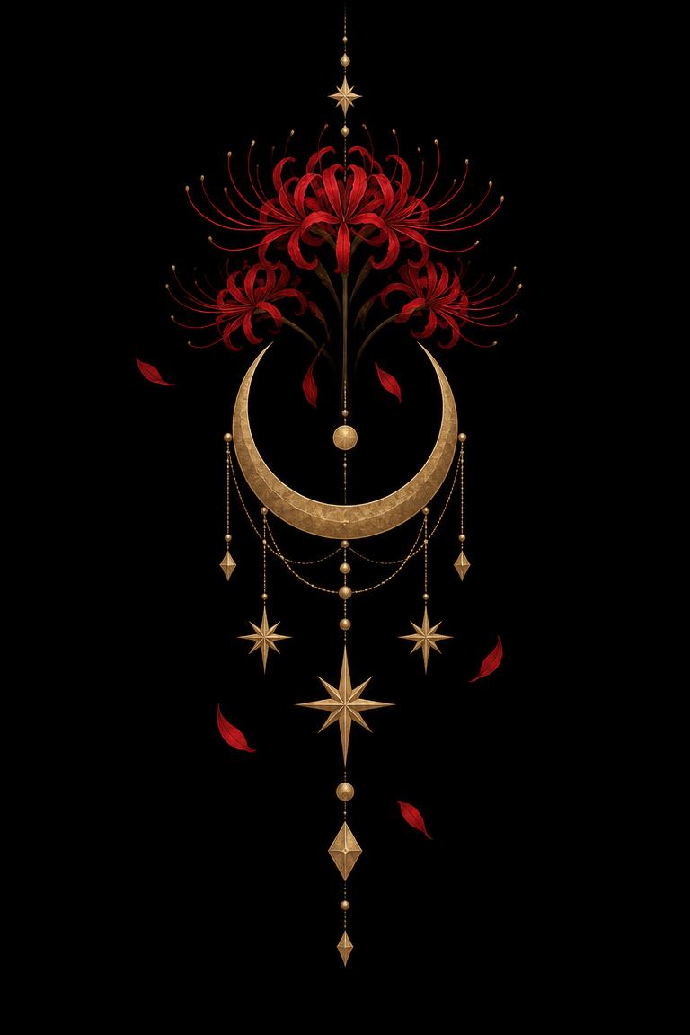 Golden crescent moon talisman with hanging stars and crimson spider lilies